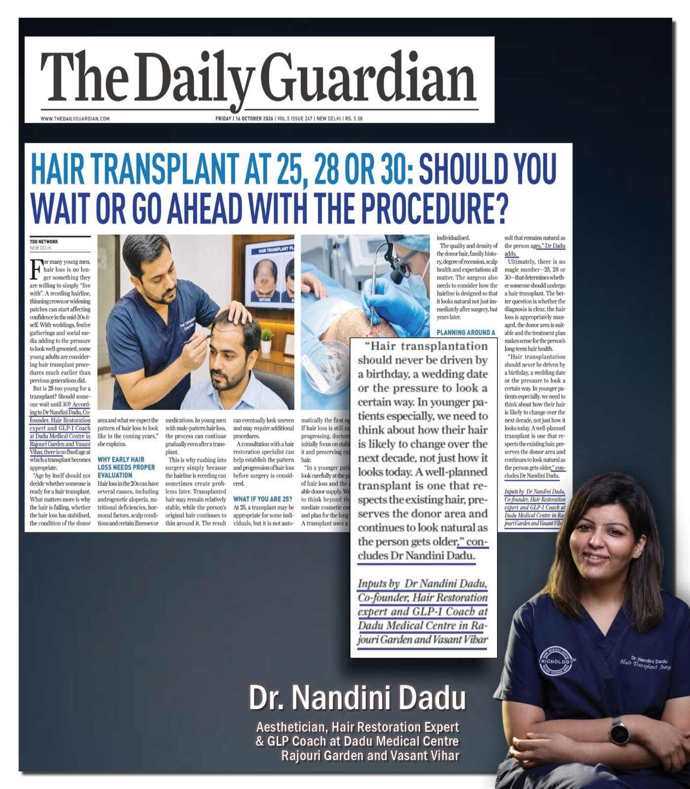 Dr. Nandini Dadu Featured in The Daily Guardian: Expert Insights on the Right Age for Hair Transplant